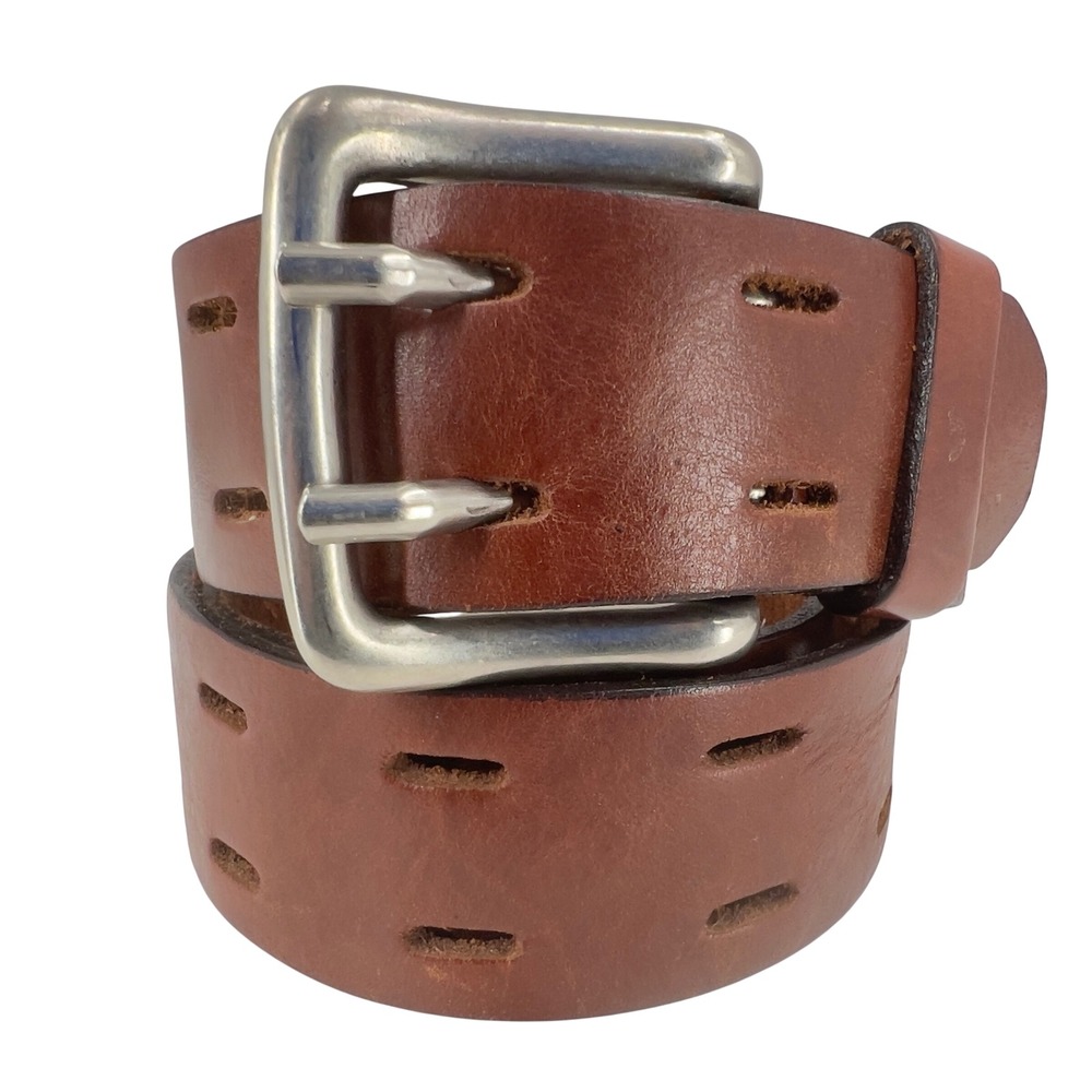 Sapataria Cometa Mens 34 Leather Belt Brown Double Prong Buckle Made in Mexico